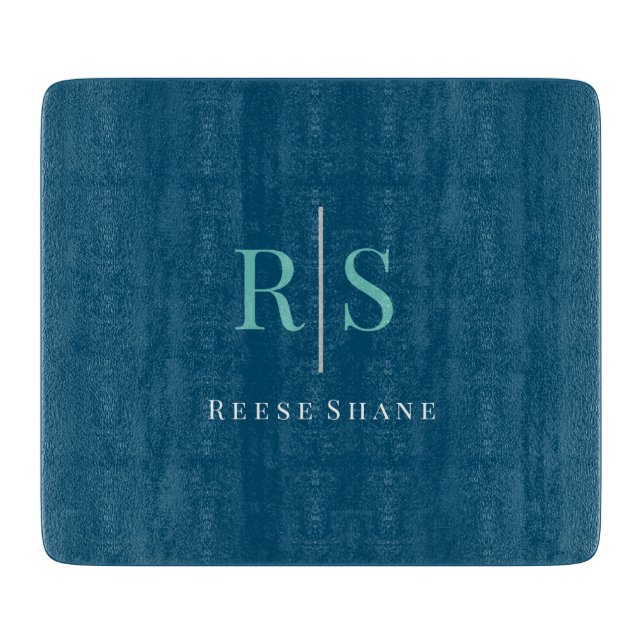 Light Teal Monogram & White Name on Ocean Blue Cutting Board (Front)