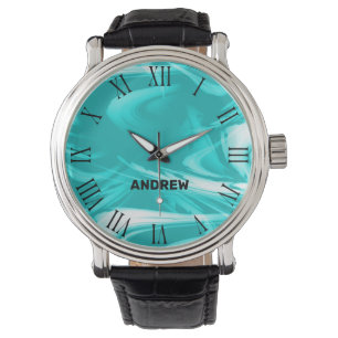 Light Teal Ocean Waves Cool Marbled Custom Name Watch