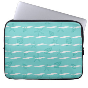 Light Teal Ocean Waves & Seashells Seamless Patter Laptop Sleeve