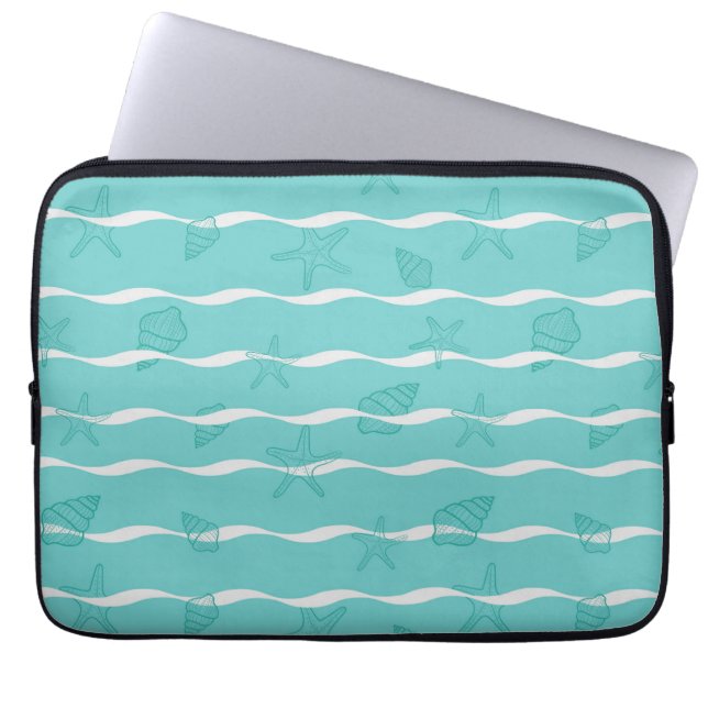 Light Teal Ocean Waves & Seashells Seamless Patter Laptop Sleeve (Front)