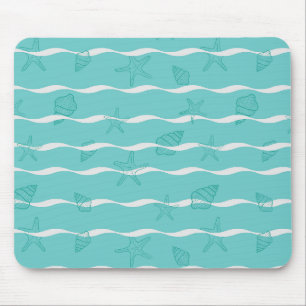 Light Teal Ocean Waves & Seashells Seamless Patter Mouse Pad