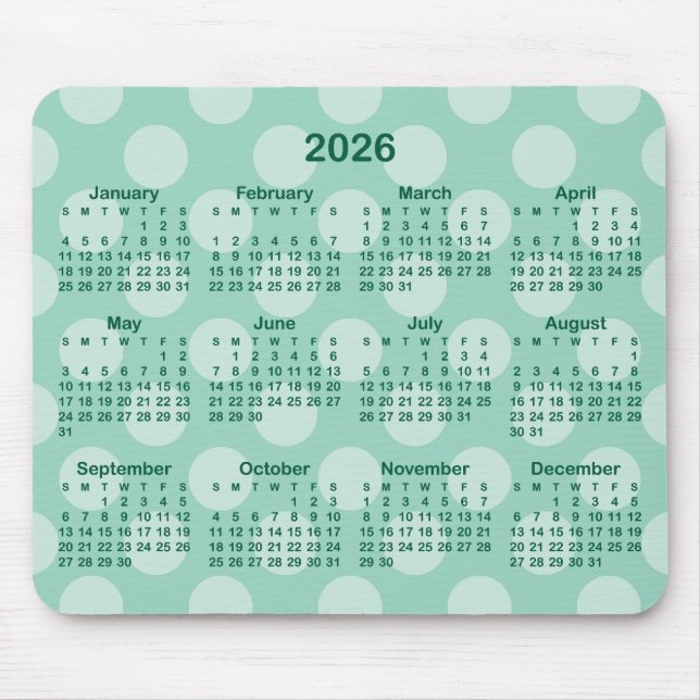 Light Teal Polka Dot Hunter Green 2026 Calendar Mouse Pad (Front)