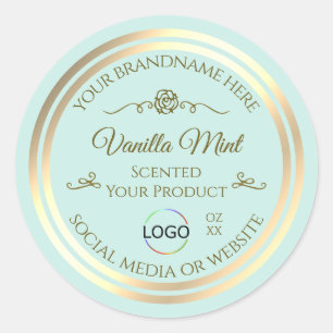 Light Teal Product Label with Gold Frame and Logo