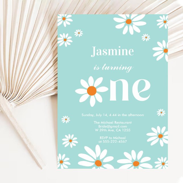 Light Teal Retro Groovy Daisy Florals 1st Birthday Invitation (Light Teal Retro Groovy Daisy Florals 1st Birthday Invitation)