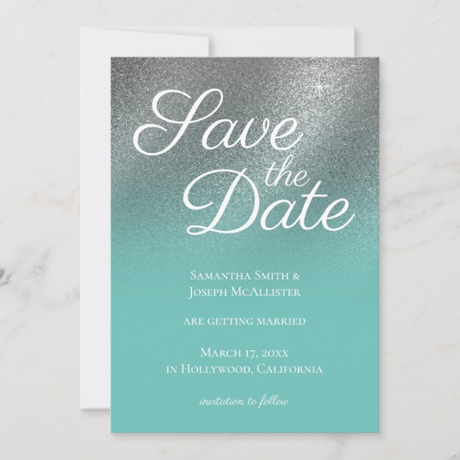 Light Teal Silver Fine Glitter Ombre Save the Date Invitation (Front)