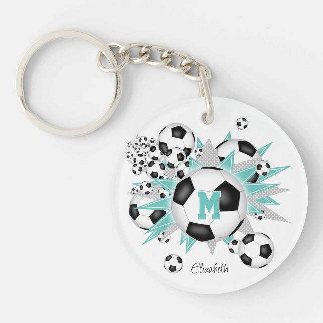light teal soccer ball blowout girls monogrammed key ring (Front)