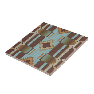 Light Teal Turquoise Blue Orange Brown Tribal Art Ceramic Tile