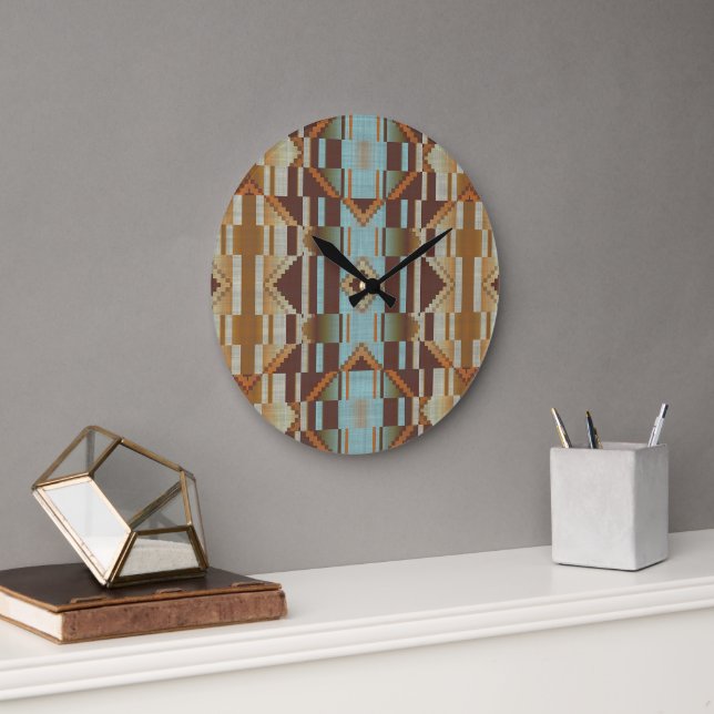 Light Teal Turquoise Blue Orange Brown Tribal Art Large Clock (Office)