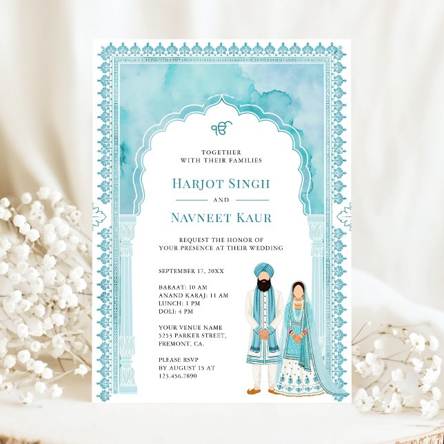Light Teal Watercolor Arch Frame Sikh Wedding Invitation (Creator Uploaded)