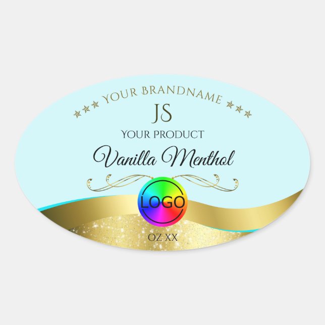 Light Teal Wavy Gold Logo Monogram Product Label (Front)