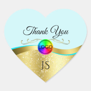 Light Teal Wavy Gold with Logo Monogram Thank You Heart Sticker