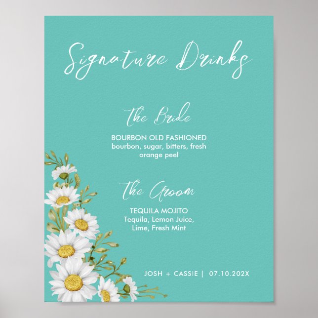 Light Teal & White Daisies Signature Drinks  Poster (Front)