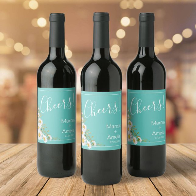 Light Teal & White Daisies Wedding   Wine Label (Creator Uploaded)