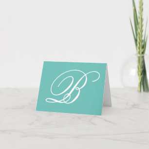 Light Teal White Fancy Calligraphy Script Monogram Thank You Card