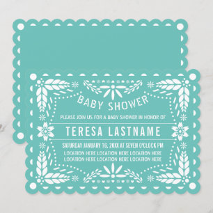Light teal, white papel picado baby boy shower invitation