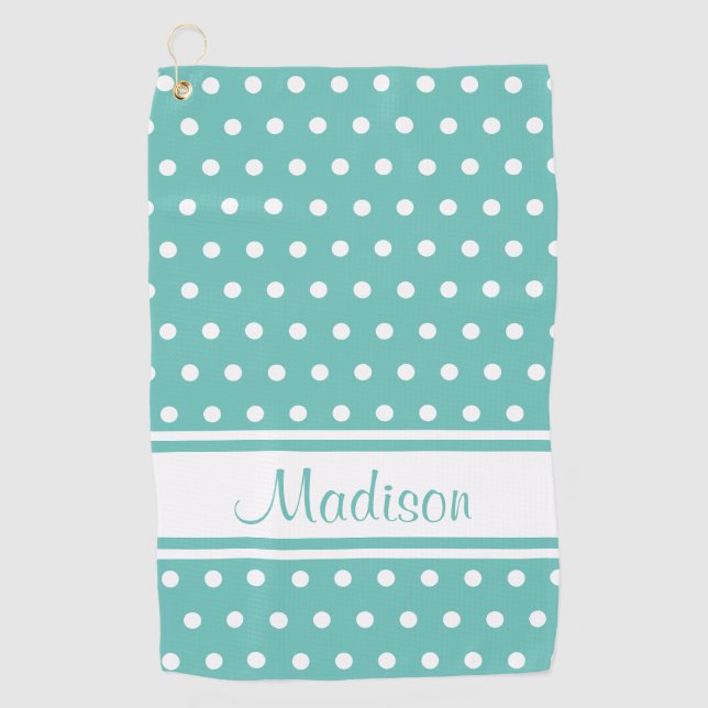 Light Teal White Polka Dot Stripe Script Name Golf Towel (Front)