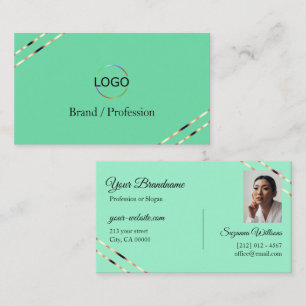 Light Teal with Rose Gold Lines Logo and Photo Business Card