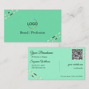 Light Teal with Rose Gold Lines Logo and QR Code Business Card
