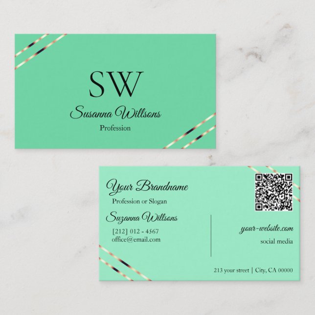 Light Teal with Rose Gold Lines Monogram QR Code Business Card (Front/Back)