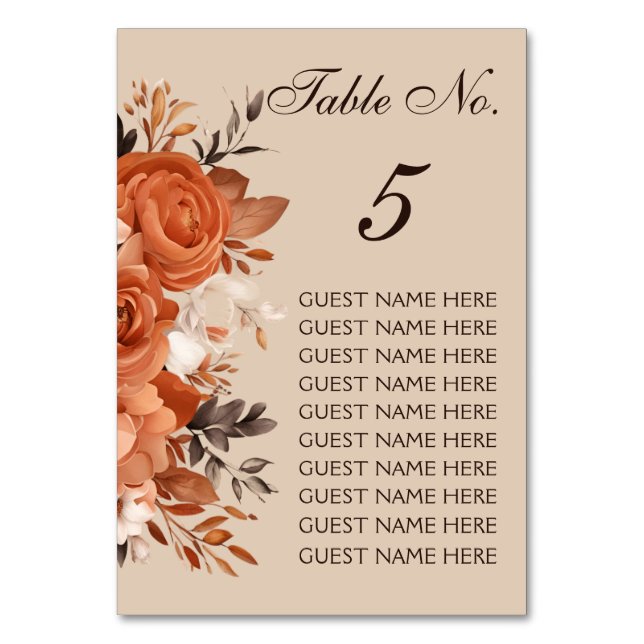 Light Terracotta and Burnt Orange Wedding Table Number (Front)