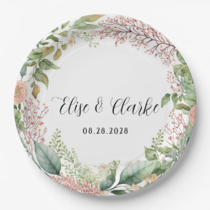 Light Terracotta and Sage Green Peonies Wedding Pa Paper Plate