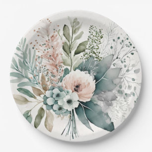 Light Terracotta and Sage Green Peonies Wedding Paper Plate