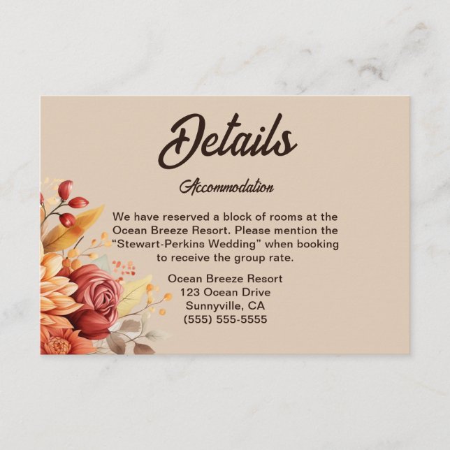 Light Terracotta Fall Floral Wedding Details Card (Front)
