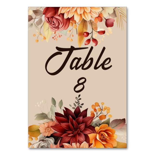 Light Terracotta Fall Floral Wedding  Table Number (Front)