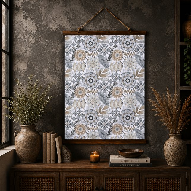 Light Terracotta Grey Botanical Boho Pattern Hanging Tapestry (Creator Uploaded)
