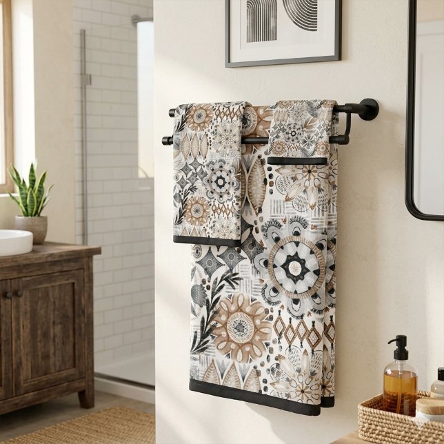 Light Terracotta Grey Botanical Pattern Bath Towel Set (Creator Uploaded)
