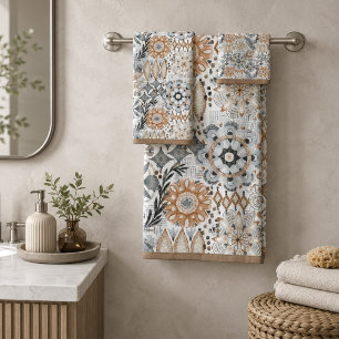 Light Terracotta Grey Botanical Pattern Bath Towel Set
