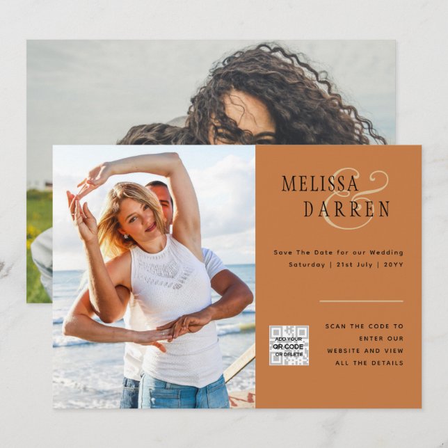 Light Terracotta PHOTO Wedding SAVE DATE QR CODE Invitation (Front/Back)