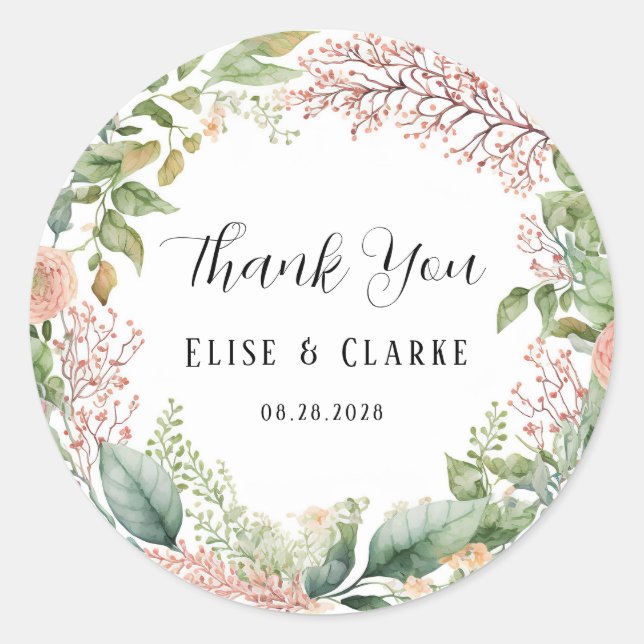 Light Terracotta Sage Watercolor Peony Wedding Classic Round Sticker (Front)
