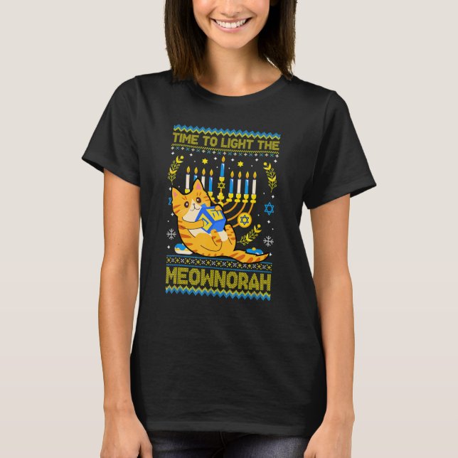 Light The Meownorah Jewish Cat Menorah  Ugly Chanu T-Shirt (Front)
