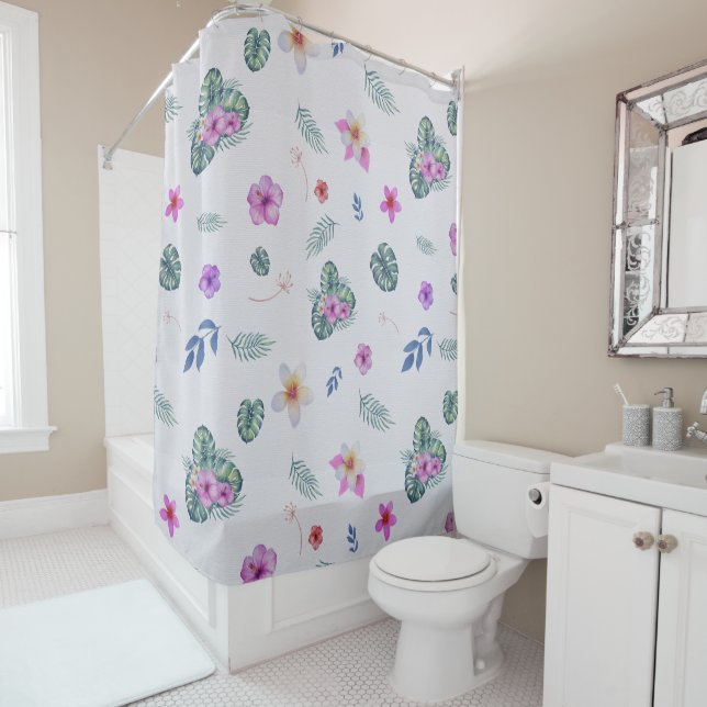 Light Tropical Watercolor Flowers Botanical Shower Curtain (In Situ)