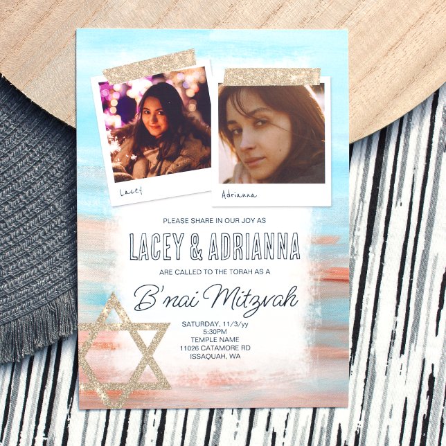 Light Turqoise, Beige Glitter B'nai Bat Mitzvah Invitation (Stylish Cyan, Sienna Beige Girl's B'nai Mitzvah Invitation. Bat Mitzvah Invitations with 2 photos)