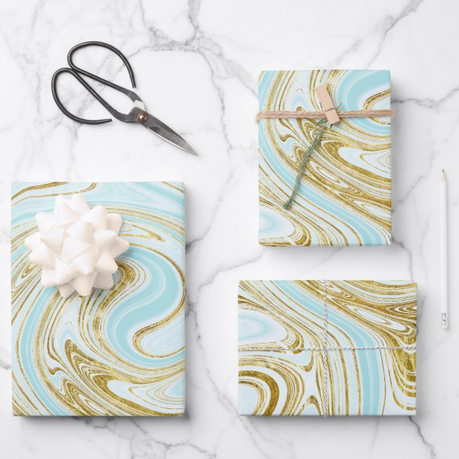 Light Turquoise and Gold Marble Look Wrapping Paper Sheet (Front)