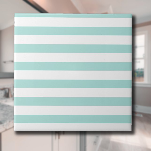 Light Turquoise and White Wide Horizontal Striped Ceramic Tile (Creator Uploaded)