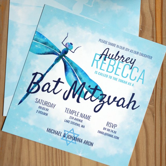 Light Turquoise Dragonfly Bat Mitzvah Invitation (Turquoise and blue sparkly bat mitzvah invitation with dragonfly)