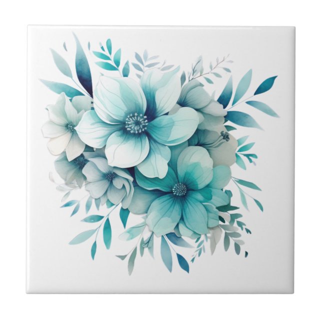 Light Turquoise Floral Ceramic Tile (Front)