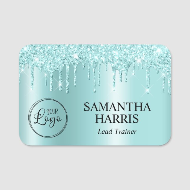 Light Turquoise Glitter Drips Shimmer Name Tag (Front)