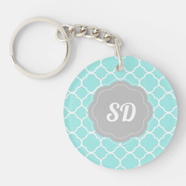 Light Turquoise Quatrefoil Custom Monogram Key Ring (Front)