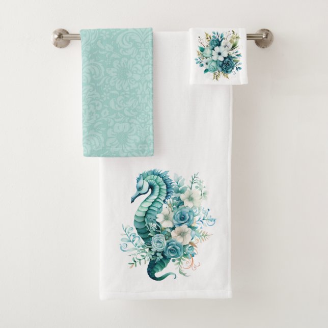 Light Turquoise Seahorse and Coastal Floral  Bath Towel Set (Insitu)