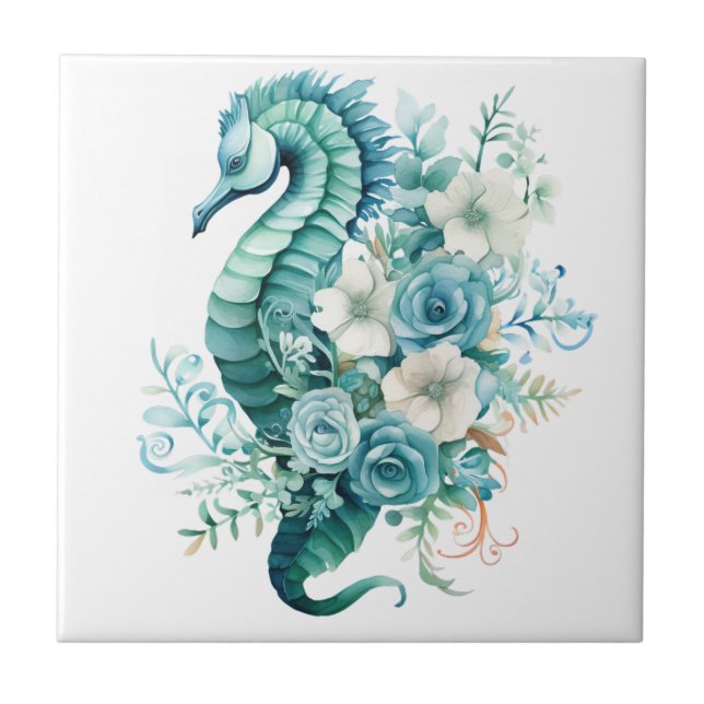 Light Turquoise Seahorse Ceramic Tile (Front)