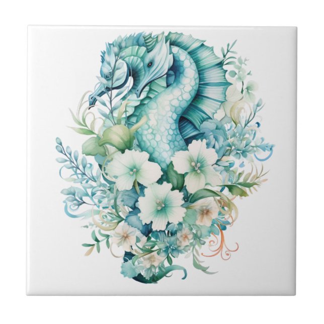 Light Turquoise Seahorse Ceramic Tile (Front)