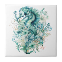 Light Turquoise Seahorse Ceramic Tile