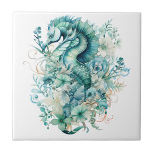 Light Turquoise Seahorse Ceramic Tile