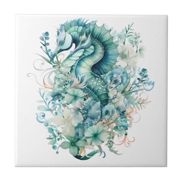 Light Turquoise Seahorse Ceramic Tile (Front)