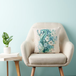 Light Turquoise Seahorse Pillow