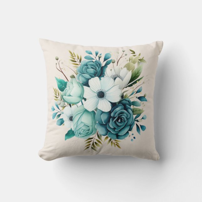 Light Turquoise Teal Floral Decorative Pillow (Front)